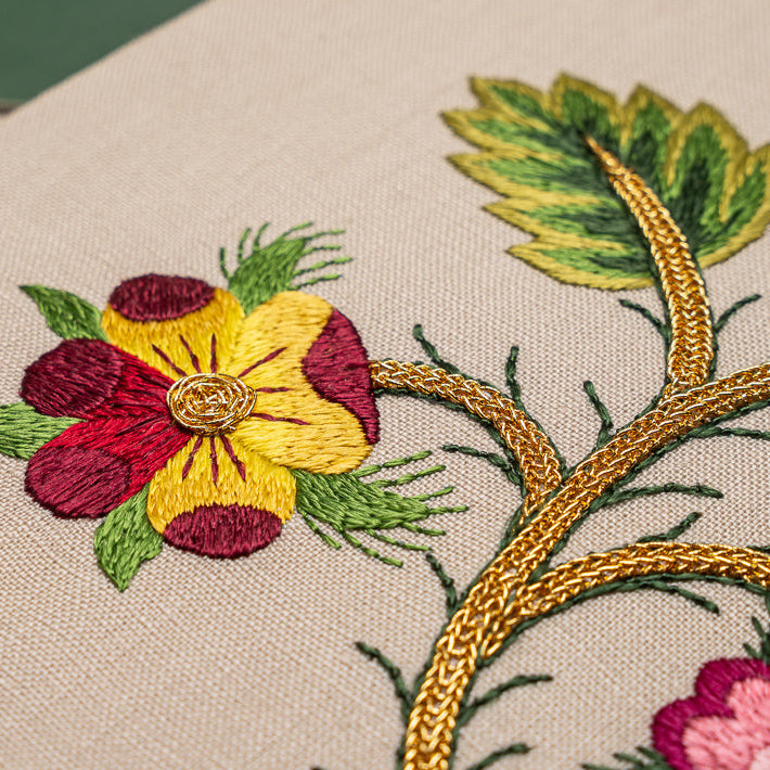 Embroidery hoop with floral design, threads, and scissors on a beige fabric background.