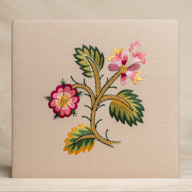 Embroidered floral design on a beige fabric background