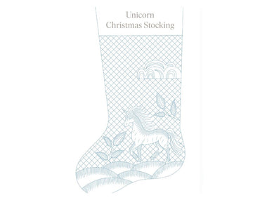 White Christmas stocking with unicorn design on a white background